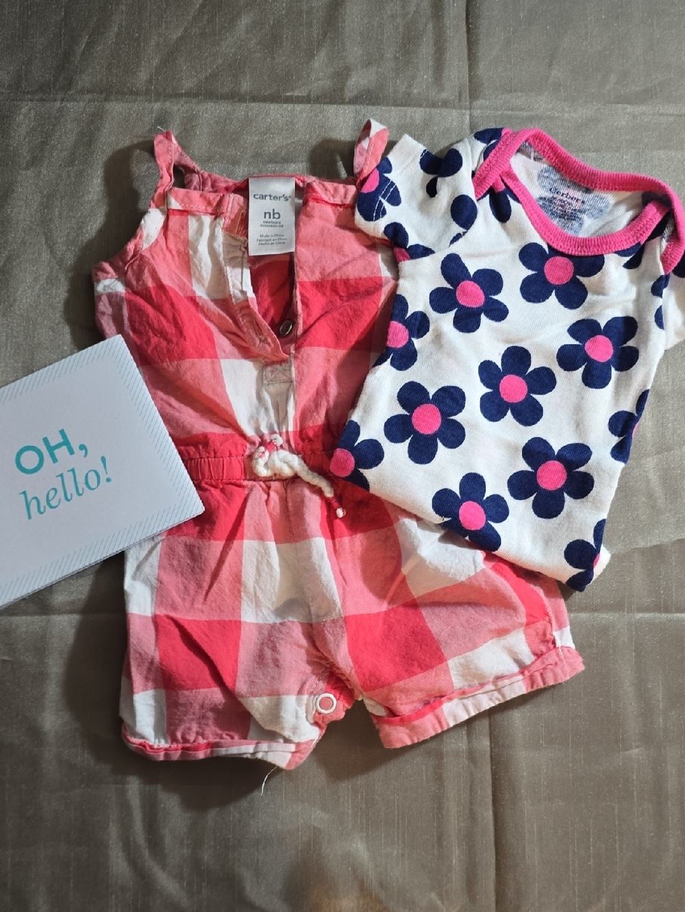 Carter's Coral Pink Buffalo Check Romper with Floral Trim Onesie